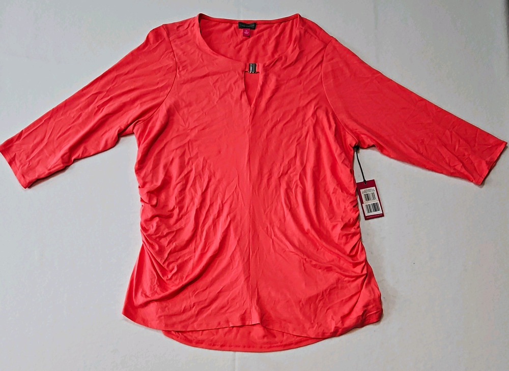 NWT Vince Camuto Women's 2X Coral Jersey V-Neck 3/4 Sleeve Tunic Top Stretch